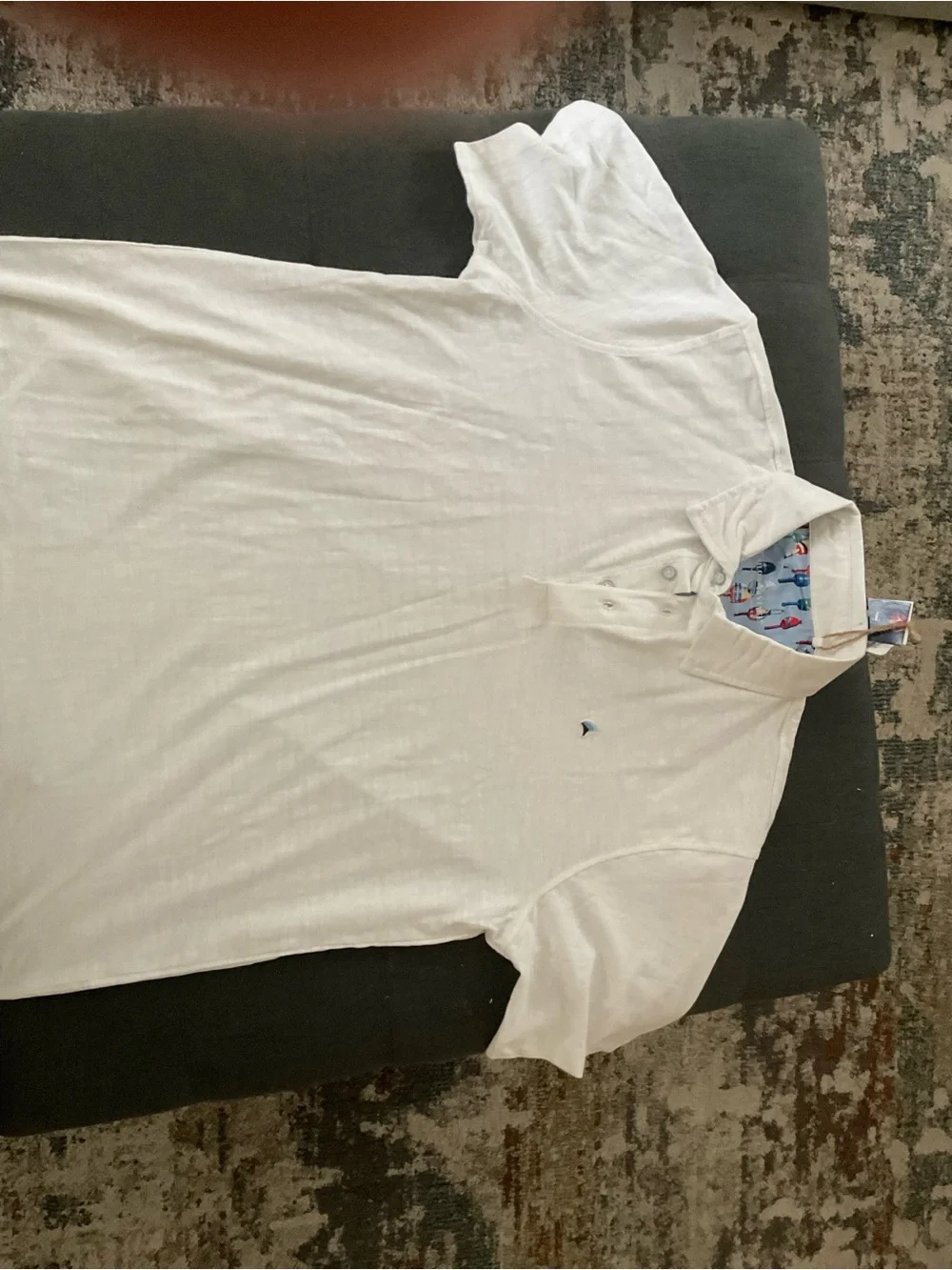 Men's White Short-Sleeve Polo with Patterned Collar Accent